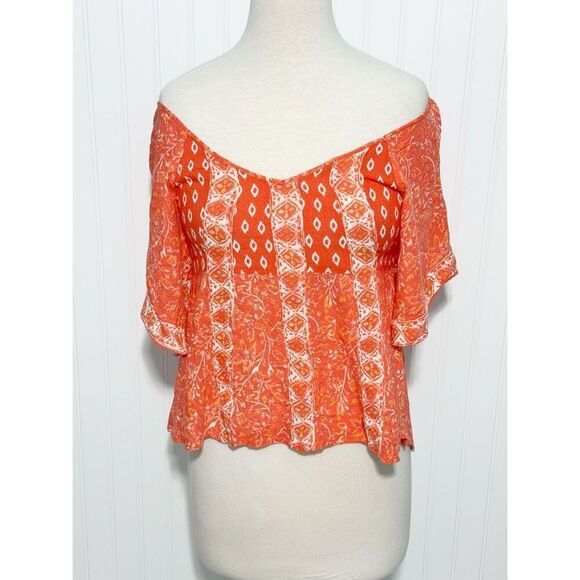 Free‎ People Women's Rayon Short Flowy Sleeves Off The Shoulder Blouse Orange XS - Picture 1 of 13
